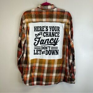 Upcycled Reba McIntyre Fancy Brown Orange Plaid Shirt Country Cowgirl Rodeo M/L